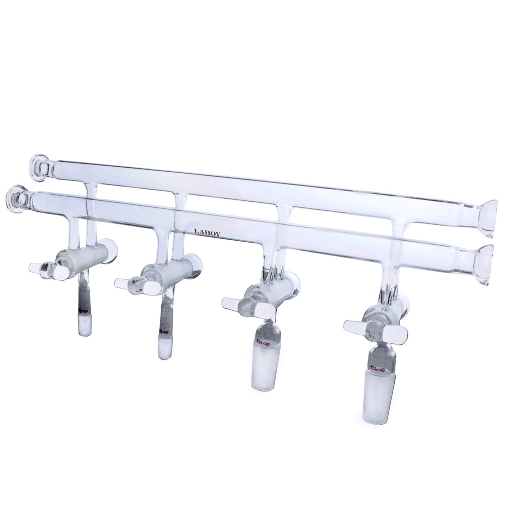 Laboy Glass Double Manifold With 4Mm High Vacuum Stopcock And #15 O-Ring Joint